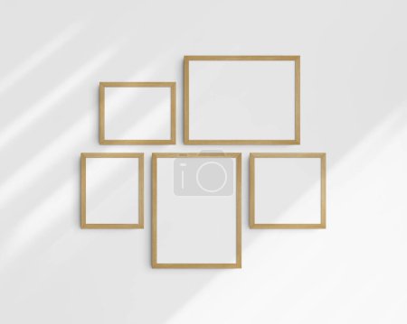 Photo for Gallery wall mockup set, 5 timber oak wood frames. Modern, minimalist frame mockup. Two horizontal frames, two vertical frames, and a square frame, 12x16 (3:4), 16x12 (4:3), 8x10 (4:5), 10x8 (5:4), 10x10 (1:1) inches, on a white wall with shadows. - Royalty Free Image