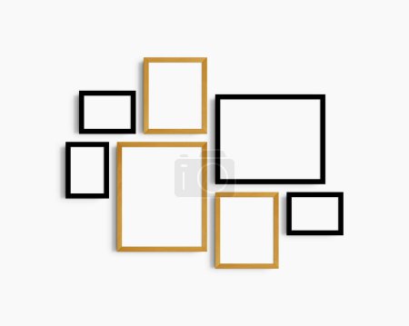 Foto de Conjunto de maquetas de pared Gallery, 7 marcos de roble negro y amarillo. Maqueta de marco limpia, moderna y minimalista. Tres marcos horizontales, y cuatro verticales, 5x7 (5: 7), 7x5 (7: 5), 8x10 (4: 5), 12x15 (4: 5), 15x12 (5: 4) pulgadas, en una pared blanca. - Imagen libre de derechos