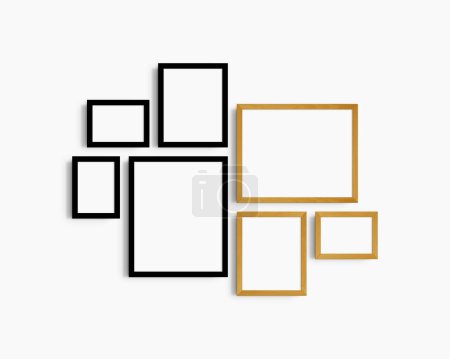 Foto de Conjunto de maquetas de pared Gallery, 7 marcos de roble negro y amarillo. Maqueta de marco limpia, moderna y minimalista. Tres marcos horizontales, y cuatro verticales, 5x7 (5: 7), 7x5 (7: 5), 8x10 (4: 5), 12x15 (4: 5), 15x12 (5: 4) pulgadas, en una pared blanca. - Imagen libre de derechos
