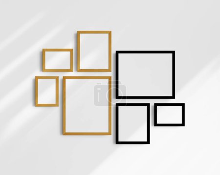 Foto de Conjunto de maquetas de pared Gallery, 7 marcos de roble negro y amarillo. Maqueta de marco limpia, moderna y minimalista. Tres marcos horizontales, y cuatro verticales, 5x7 (5: 7), 7x5 (7: 5), 8x10 (4: 5), 12x15 (4: 5), 15x12 (5: 4) pulgadas, en una pared blanca con sombras. - Imagen libre de derechos