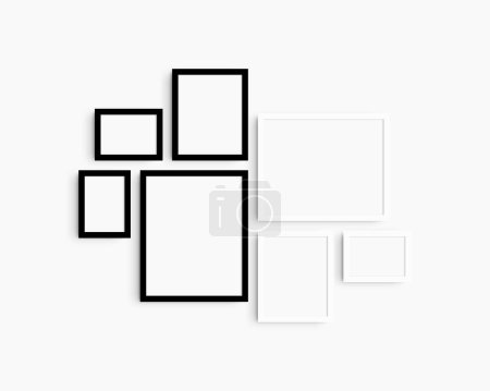 Photo for Gallery wall mockup set, 7 black and white frames. Clean, modern, and minimalist frame mockup. Three horizontal frames, and four vertical frames, 5x7 (5:7), 7x5 (7:5), 8x10 (4:5), 12x15 (4:5), 15x12 (5:4) inches, on a white wall. - Royalty Free Image