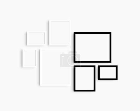 Téléchargez les photos : Set de maquettes murales Galerie, 7 cadres noir et blanc. Modèle de cadre propre, moderne et minimaliste. Trois cadres horizontaux, et quatre cadres verticaux, 5x7 (5 : 7), 7x5 (7 : 5), 8x10 (4 : 5), 12x15 (4 : 5), 15x12 (5 : 4) pouces, sur un mur blanc. - en image libre de droit