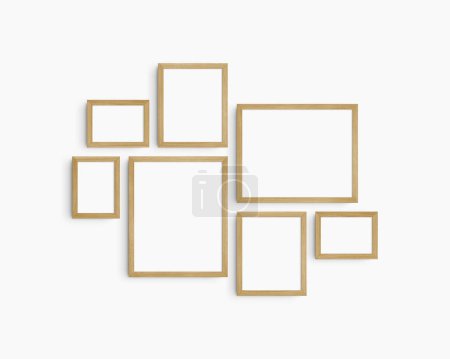 Photo for Gallery wall mockup set, 7 timber oak wood frames. Clean, modern, and minimalist frame mockup. Three horizontal frames, and four vertical frames, 5x7 (5:7), 7x5 (7:5), 8x10 (4:5), 12x15 (4:5), 15x12 (5:4) inches, on a white wall. - Royalty Free Image