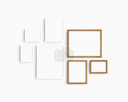 Photo for Gallery wall mockup set, 7 white and cherry wood frames. Clean, modern, and minimalist frame mockup. Three horizontal frames, and four vertical frames, 5x7 (5:7), 7x5 (7:5), 8x10 (4:5), 12x15 (4:5), 15x12 (5:4) inches, on a white wall. - Royalty Free Image