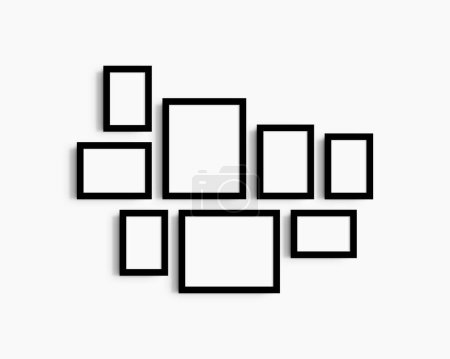 Foto de Conjunto de maquetas de pared Gallery, 8 marcos negros. Maqueta de marco limpia, moderna y minimalista. Cinco marcos verticales, y tres horizontales, 4x6 (2: 3), 6x4 (3: 2), 5x7 (5: 7), 7x5 (7: 5), 8x10 (4: 5), 10x8 (5: 4) pulgadas, en una pared blanca. - Imagen libre de derechos
