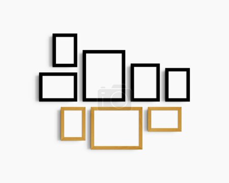 Photo for Gallery wall mockup set, 8 black and yellow oak wood frames. Clean, modern, and minimalist frame mockup. Five vertical frames, and three horizontal frames, 4x6 (2:3), 6x4 (3:2), 5x7 (5:7), 7x5 (7:5), 8x10 (4:5), 10x8 (5:4) inches, on a white wall. - Royalty Free Image