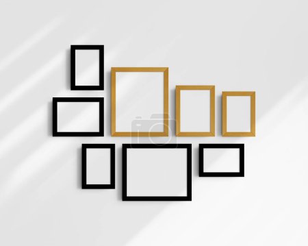 Photo for Gallery wall mockup set, 8 black and yellow oak wood frames. Modern, minimalist frame mockup. Five vertical frames, and three horizontal frames, 4x6 (2:3), 6x4 (3:2), 5x7 (5:7), 7x5 (7:5), 8x10 (4:5), 10x8 (5:4) inches, on a white wall with shadows. - Royalty Free Image