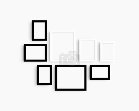 Photo for Gallery wall mockup set, 8 black and white frames. Clean, modern, and minimalist frame mockup. Five vertical frames, and three horizontal frames, 4x6 (2:3), 6x4 (3:2), 5x7 (5:7), 7x5 (7:5), 8x10 (4:5), 10x8 (5:4) inches, on a white wall. - Royalty Free Image