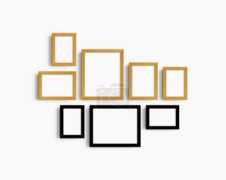 Foto de Conjunto de maquetas de pared Gallery, 8 marcos de madera de roble negro y amarillo. Maqueta de marco limpia, moderna y minimalista. Cinco marcos verticales, y tres horizontales, 4x6 (2: 3), 6x4 (3: 2), 5x7 (5: 7), 7x5 (7: 5), 8x10 (4: 5), 10x8 (5: 4) pulgadas, en una pared blanca. - Imagen libre de derechos