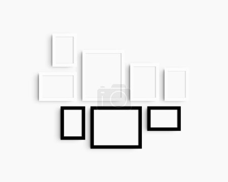 Photo for Gallery wall mockup set, 8 black and white frames. Clean, modern, and minimalist frame mockup. Five vertical frames, and three horizontal frames, 4x6 (2:3), 6x4 (3:2), 5x7 (5:7), 7x5 (7:5), 8x10 (4:5), 10x8 (5:4) inches, on a white wall. - Royalty Free Image