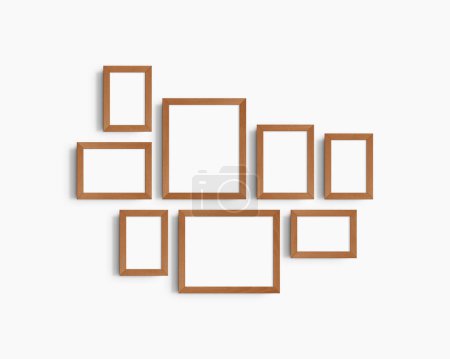 Photo for Gallery wall mockup set, 8 cherry wood frames. Clean, modern, and minimalist frame mockup. Five vertical frames, and three horizontal frames, 4x6 (2:3), 6x4 (3:2), 5x7 (5:7), 7x5 (7:5), 8x10 (4:5), 10x8 (5:4) inches, on a white wall. - Royalty Free Image