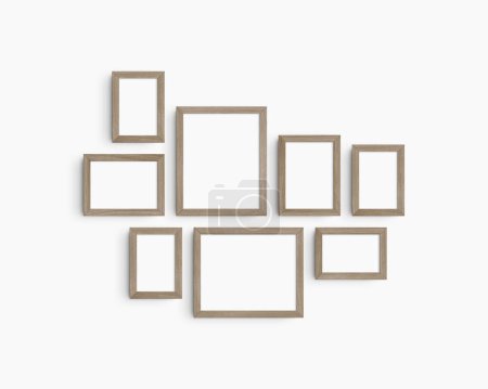 Photo for Gallery wall mockup set, 8 natural wood frames. Clean, modern, and minimalist frame mockup. Five vertical frames, and three horizontal frames, 4x6 (2:3), 6x4 (3:2), 5x7 (5:7), 7x5 (7:5), 8x10 (4:5), 10x8 (5:4) inches, on a white wall. - Royalty Free Image