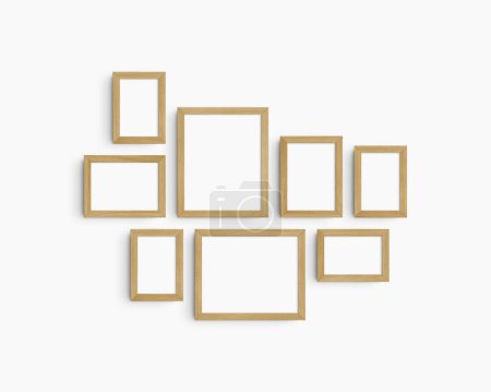 Photo for Gallery wall mockup set, 8 timber oak wood frames. Clean, modern, and minimalist frame mockup. Five vertical frames, and three horizontal frames, 4x6 (2:3), 6x4 (3:2), 5x7 (5:7), 7x5 (7:5), 8x10 (4:5), 10x8 (5:4) inches, on a white wall. - Royalty Free Image