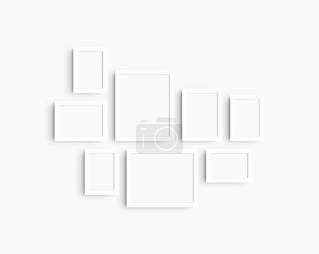 Photo for Gallery wall mockup set, 8 white frames. Clean, modern, and minimalist frame mockup. Five vertical frames, and three horizontal frames, 4x6 (2:3), 6x4 (3:2), 5x7 (5:7), 7x5 (7:5), 8x10 (4:5), 10x8 (5:4) inches, on a white wall. - Royalty Free Image