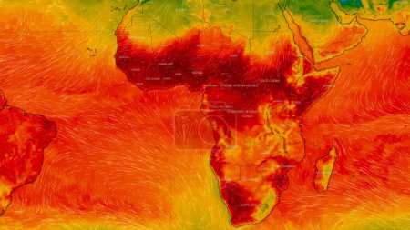 Foto de Dresde, Alemania - 2 de febrero de 2023: Mapa de África en el servicio web meteorológico ventoso que muestra las olas de calor globales de alta temperatura extrema en el hemisferio sur en febrero de 2023. Concepto de calentamiento global y clima extremo - Imagen libre de derechos