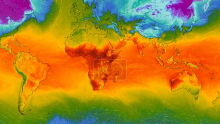 Foto de Dresde, Alemania - 2 de febrero de 2023: Mapa mundial del servicio web meteorológico ventoso que muestra las olas de calor globales de alta temperatura extrema en el hemisferio sur. Concepto de calentamiento global y clima extremo - Imagen libre de derechos