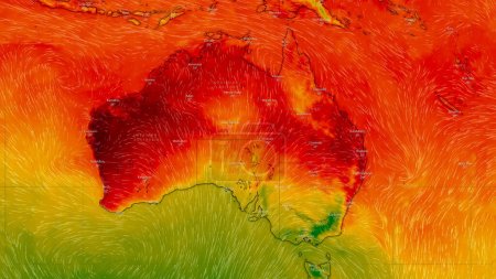 Foto de Dresde, Alemania - 2 de febrero de 2023: Mapa de Australia sobre el servicio web meteorológico ventoso que muestra las olas de calor globales de alta temperatura extrema en el hemisferio sur en febrero de 2023. Concepto de calentamiento global y clima extremo - Imagen libre de derechos