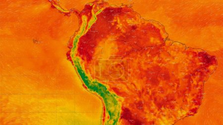 Foto de Dresde, Alemania - 2 de febrero de 2023: Mapa de América del Sur y Central en el servicio web meteorológico ventoso que muestra las olas de calor globales de alta temperatura extrema en el hemisferio sur en febrero de 2023. Concepto de calentamiento global y clima extremo - Imagen libre de derechos