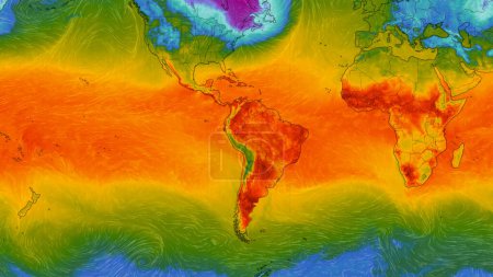Foto de Dresde, Alemania - 2 de febrero de 2023: Mapa de América del Sur y África en el servicio web meteorológico ventoso que muestra las olas de calor globales de alta temperatura extrema en el hemisferio sur. Concepto de calentamiento global y clima extremo - Imagen libre de derechos