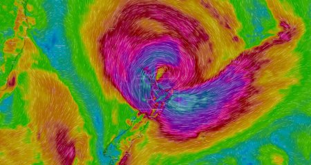 Foto de Dresde, Alemania Febrero 13, 2023, Mapa de Nueva Zelanda en el servicio web de tiempo ventoso que muestra el huracán Gabrielle, tormenta tropical, ciclón con fuerte viento y fuertes lluvias. - Imagen libre de derechos