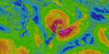 Foto de Dresde, Alemania Febrero 13, 2023, Mapa de Nueva Zelanda en el servicio web de tiempo ventoso que muestra el huracán Gabrielle, tormenta tropical, ciclón con fuerte viento y fuertes lluvias. - Imagen libre de derechos