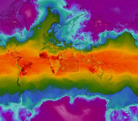 Foto de Dresde, Alemania - 14 de febrero de 2023: Mapa mundial del servicio web meteorológico ventoso que muestra las olas de calor globales de alta temperatura extrema en el hemisferio sur. Concepto de calentamiento global y clima extremo - Imagen libre de derechos