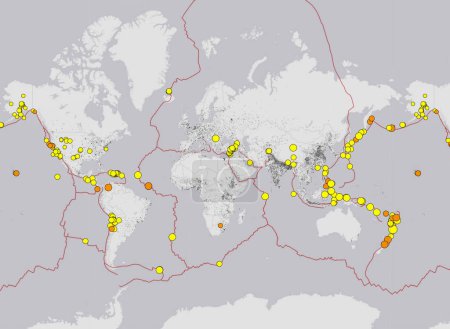 Téléchargez les photos : Dresde, Allemagne - 15 février 2023 : Carte du monde avec la localisation récente des tremblements de terre représentée en points par le service de détection en temps réel USGS. Données cumulatives pour 7 jours. - en image libre de droit
