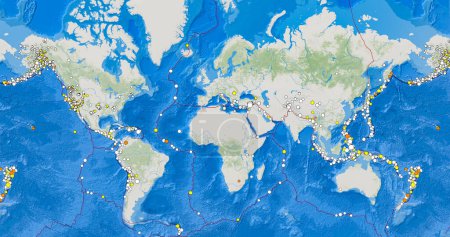 Téléchargez les photos : Dresde, Allemagne - 15 février 2023 : Carte du monde avec la localisation récente des tremblements de terre représentée en points par le service de détection en temps réel USGS. Données cumulatives du 15 janvier au 15 février. - en image libre de droit