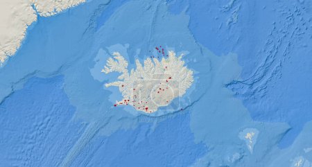 Téléchargez les photos : Dresde, Allemagne - 19 février 2023 : Carte de l'Islande avec l'emplacement récent du tremblement de terre représenté par des points par des volcans et des services de détection en temps réel des tremblements de terre. Données cumulatives pour un mois. - en image libre de droit
