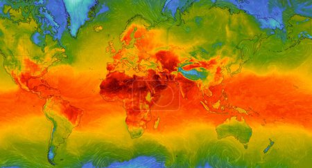 Foto de Dresde, Alemania - 14 de julio de 2023: Mapa mundial del servicio web meteorológico ventoso que muestra la ola de calor global de alta temperatura extrema en todo el planeta. Concepto de calentamiento global - Imagen libre de derechos