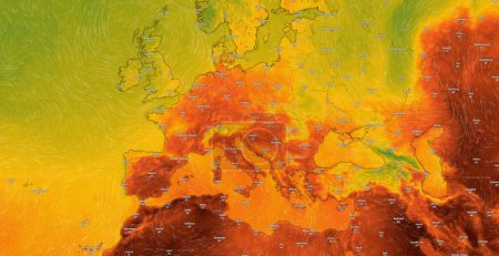 Foto de Dresde, Alemania - 11 de julio de 2023: Mapa de Europa, África del Norte, Asia y Oriente Medio en el servicio web meteorológico ventoso que muestra la ola de calor global de alta temperatura extrema en verano, julio. - Imagen libre de derechos