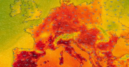 Téléchargez les photos : Dresde, Allemagne - 11 juillet 2023 : Carte de l'Europe, UE sur le service web météo Windy montrant la vague de chaleur mondiale de températures extrêmes en été, juillet. Concept de réchauffement climatique et de conditions météorologiques extrêmes. - en image libre de droit