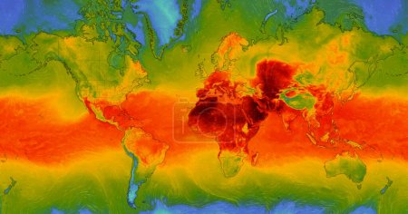 Foto de Dresde, Alemania - 11 de julio de 2023: Mapa mundial del servicio web meteorológico ventoso que muestra la ola de calor global de alta temperatura extrema en todo el planeta. Concepto de calentamiento global - Imagen libre de derechos