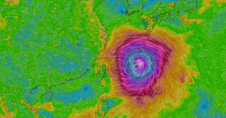 Téléchargez les photos : Dresde, Allemagne 1 août 2023 Carte sur le service web météo Windy montrant une puissante tempête tropicale appelée Khanun approchant la Chine avec un vent fort et de fortes pluies. - en image libre de droit