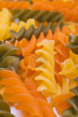 Three-colored Fusilli pasta close-up. Macro shot of  the uncooked colorful pasta.