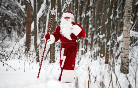 Foto de Santa Claus con bolsa de regalos de Navidad está caminando en el bosque de nieve. - Imagen libre de derechos