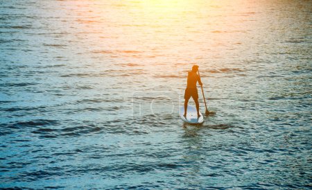 Photo for Man in the sea. Stand Up paddleboarding. - Royalty Free Image