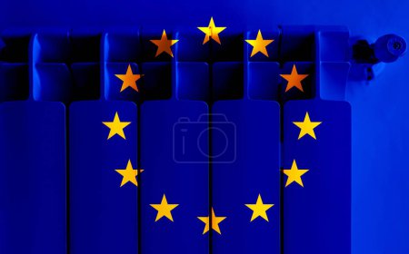 Photo for Europe flag and metal radiator with adjustable valve. - Royalty Free Image