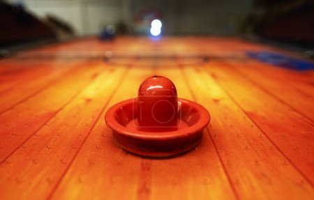 Air hockey game table. Close-up view.