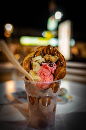 Photo for Waffle with ice cream filled with chocolate. - Royalty Free Image