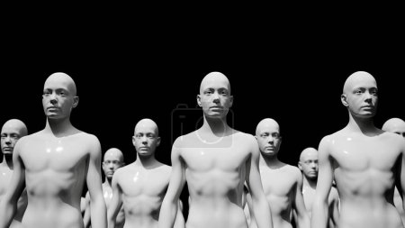 Army of robots. A crowd of cyborg workers marching in formation. 3D render.