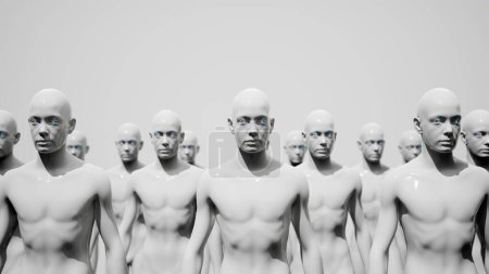 Photo for Army of robots. A crowd of cyborg workers marching in formation. 3D render. - Royalty Free Image