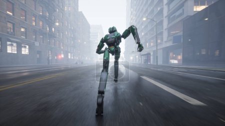 Foto de El robot humanoide AI corre por una calle desierta en una gran ciudad. 3d render. concepto futuro. - Imagen libre de derechos