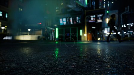 Street in Cybercity, road closeup, people on the blurred background, 3d render.