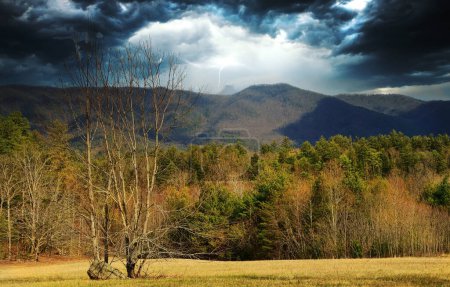 Téléchargez les photos : Scène pastorale dramatique dans le parc national Smokey Mountain avec des nuages orageux et un éclair illuminant le ciel. - en image libre de droit