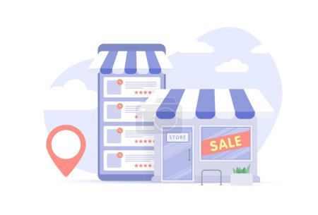 Online and offline store - retail businesses work together and generate profit from big sales. Traditional shop mall building and e-commerce mobile shopping store website and app. Vector illustration