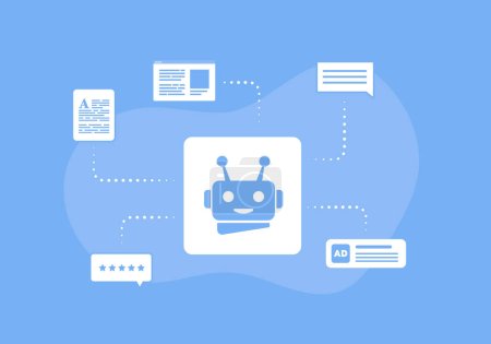 KI Content Generator und künstliche Intelligenz Schreiber Bot Konzept. Entwicklung von Inhalten für E-Commerce-Websites, Artikel, Werbung, Chatbots. KI-getriebenes digitales Marketing, Social Media Service.