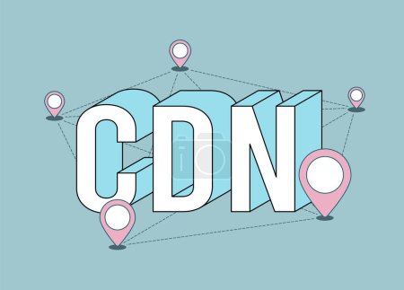CDN Content Delivery Network moderne flache dünne Linie Illustration mit isometrischen Akronym Abkürzung CDN Text. Geographisch verteilte Rechenzentren, Netzwerk von Proxy-Servern. Lineare Ikone.