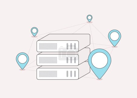 CDN - concepto de red de distribución de contenido. VPN con ubicación descentralizada de centros de datos en diferentes lugares. Protección DDoS. Red de entrega de contenido de servidores proxy ilustración de esquema plano.