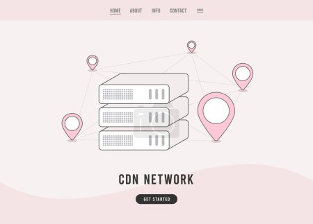 Illustration for Content delivery network - CDN concept. Geographically distributed data centers, network of proxy servers. Linear outline flat design vector landing page template. Vector illustration - Royalty Free Image